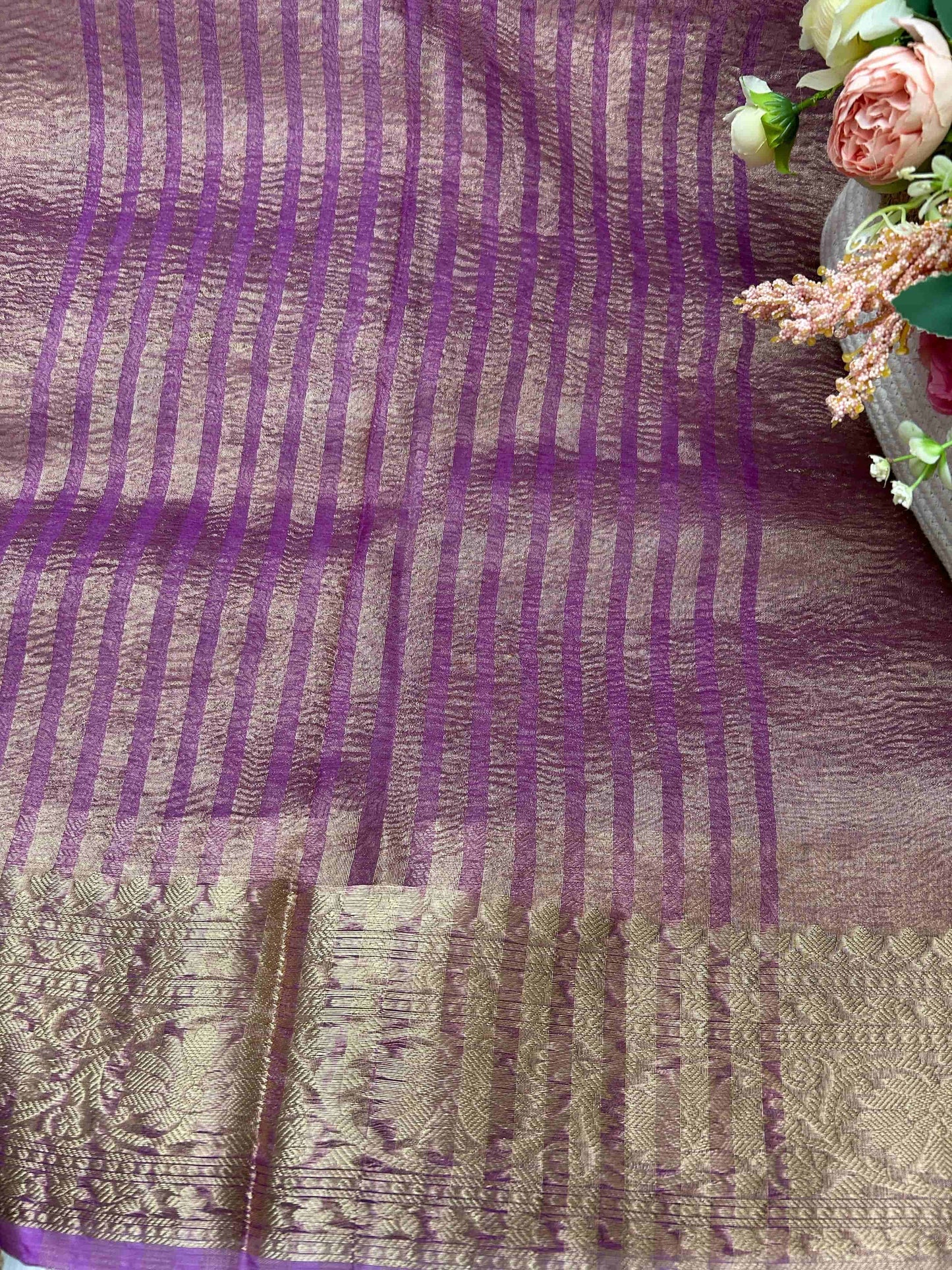 Purple gold boarder crush tissue banarasi silk saree Niaura