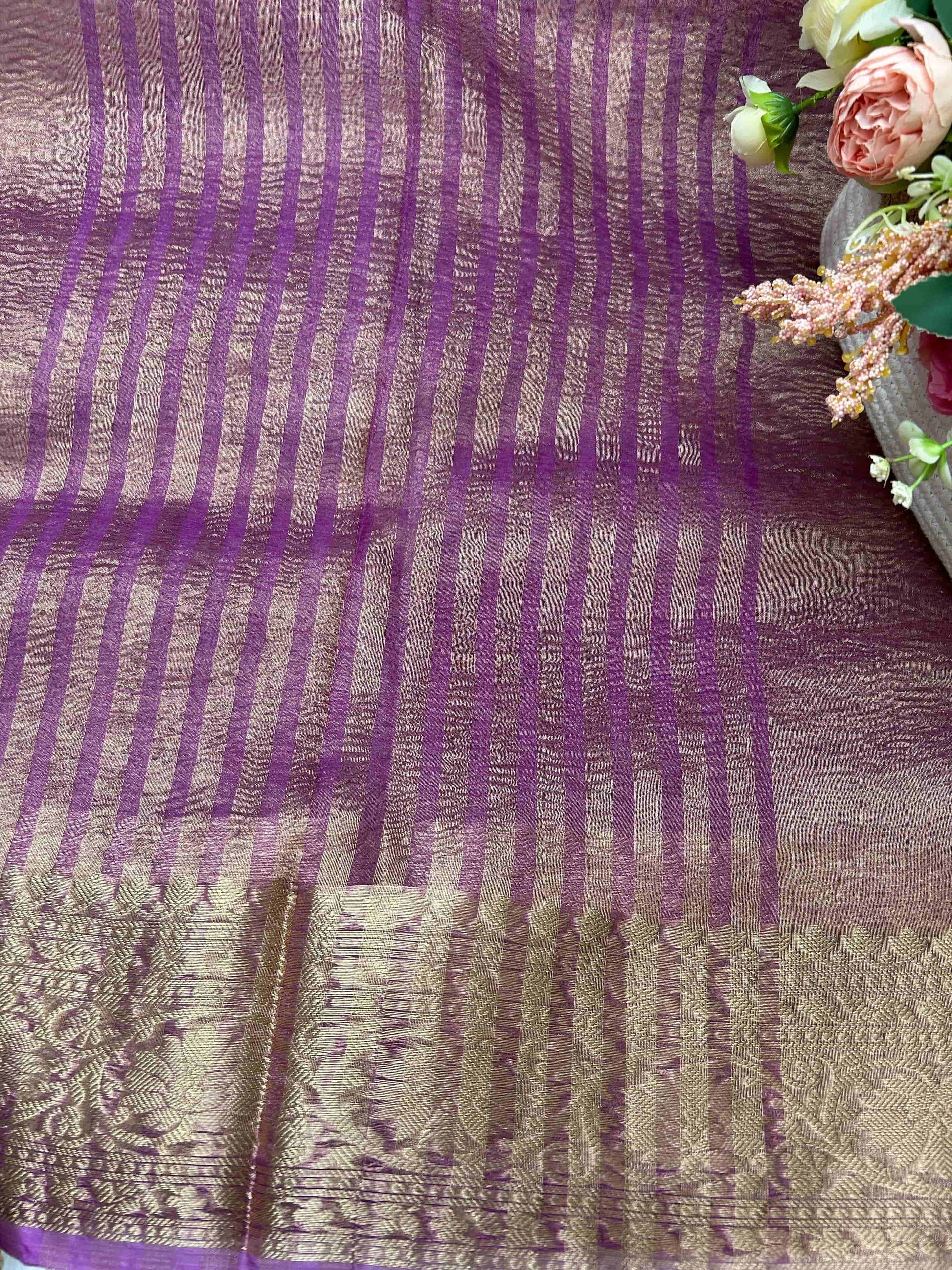 Purple gold boarder crush tissue banarasi silk saree Niaura