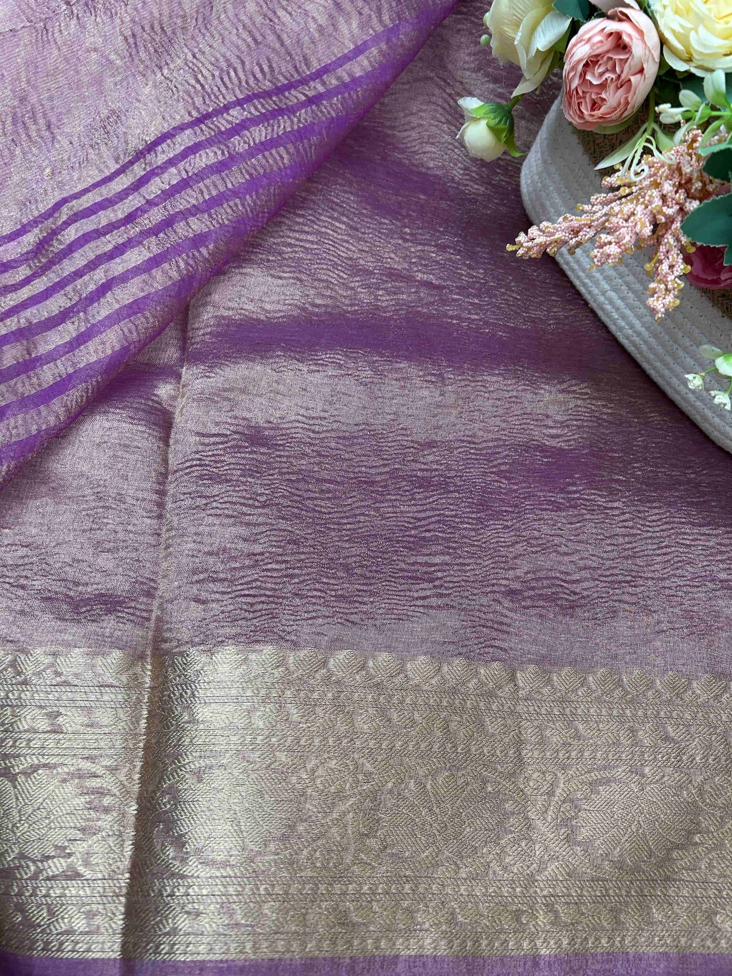 Purple gold boarder crush tissue banarasi silk saree Niaura