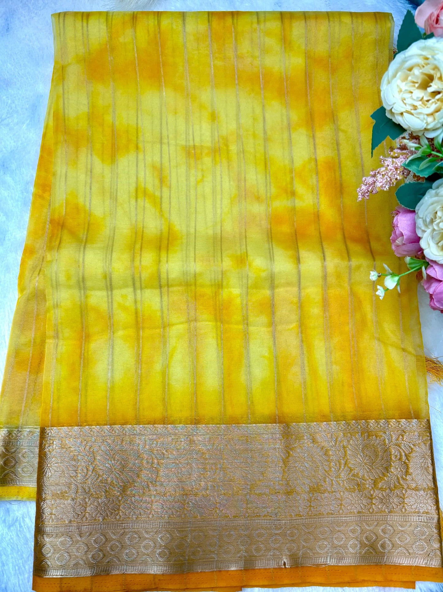 Yellow with orange organza banarasi silk saree Niaura