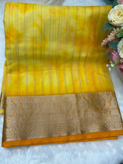 Yellow with orange organza banarasi silk saree Niaura