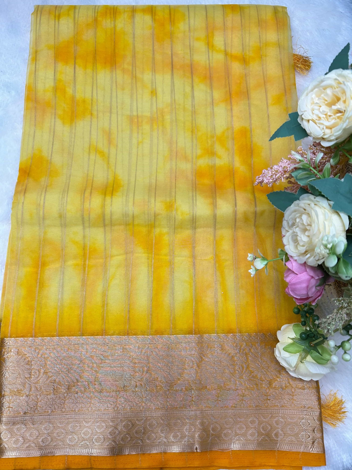 Yellow with orange organza banarasi silk saree Niaura