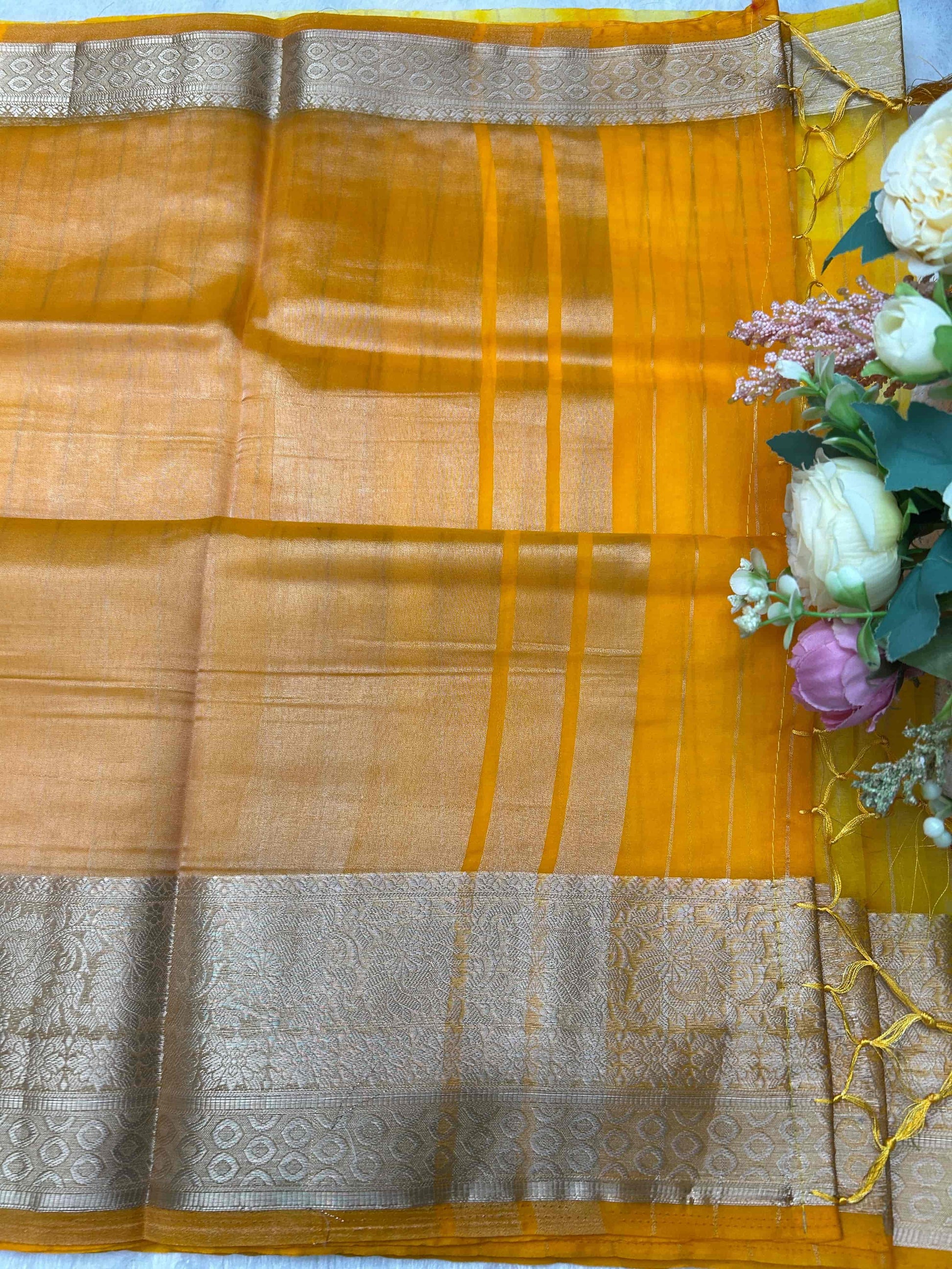 Yellow with orange organza banarasi silk saree Niaura