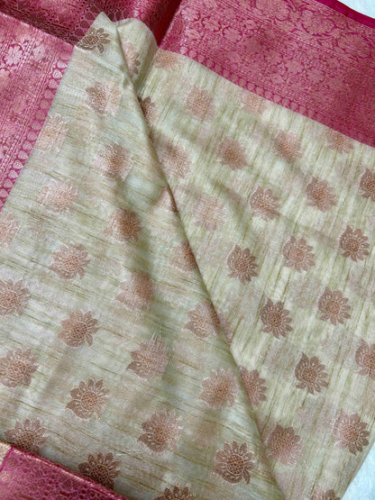 Cream and pink tusser banarasi silk saree Niaura