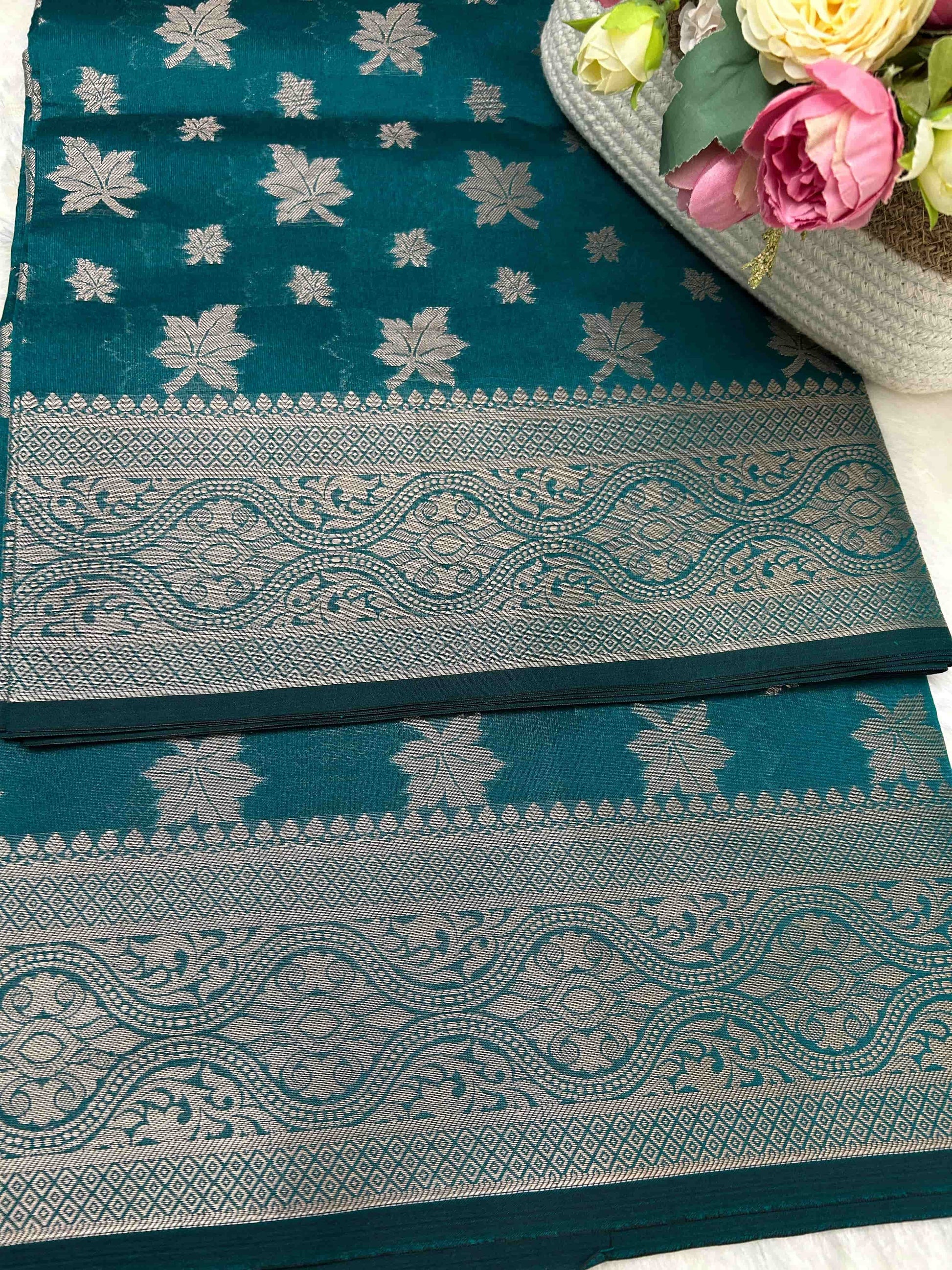Green leaf motifs banarasi soft silk saree Niaura