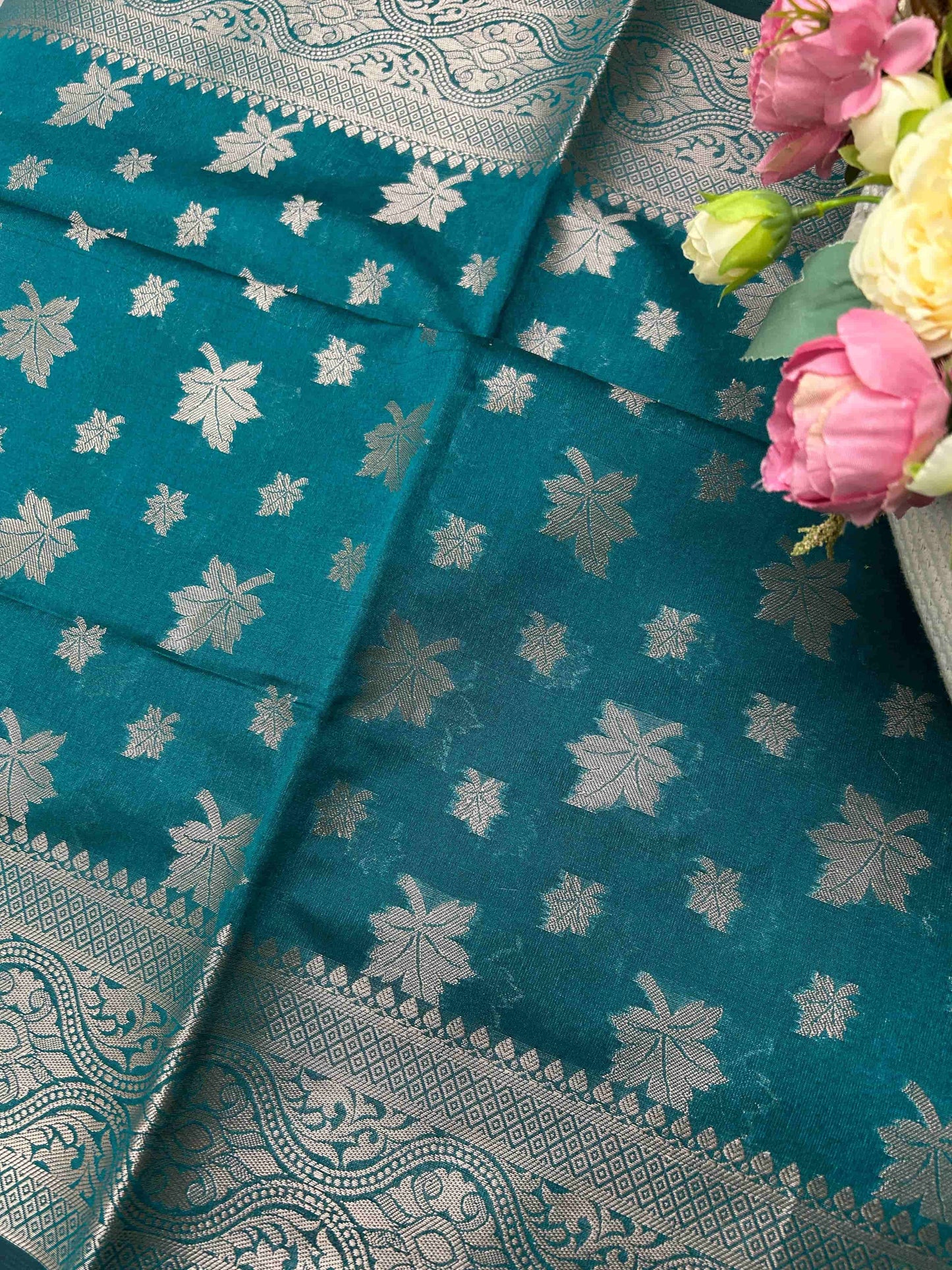 Green leaf motifs banarasi soft silk saree Niaura