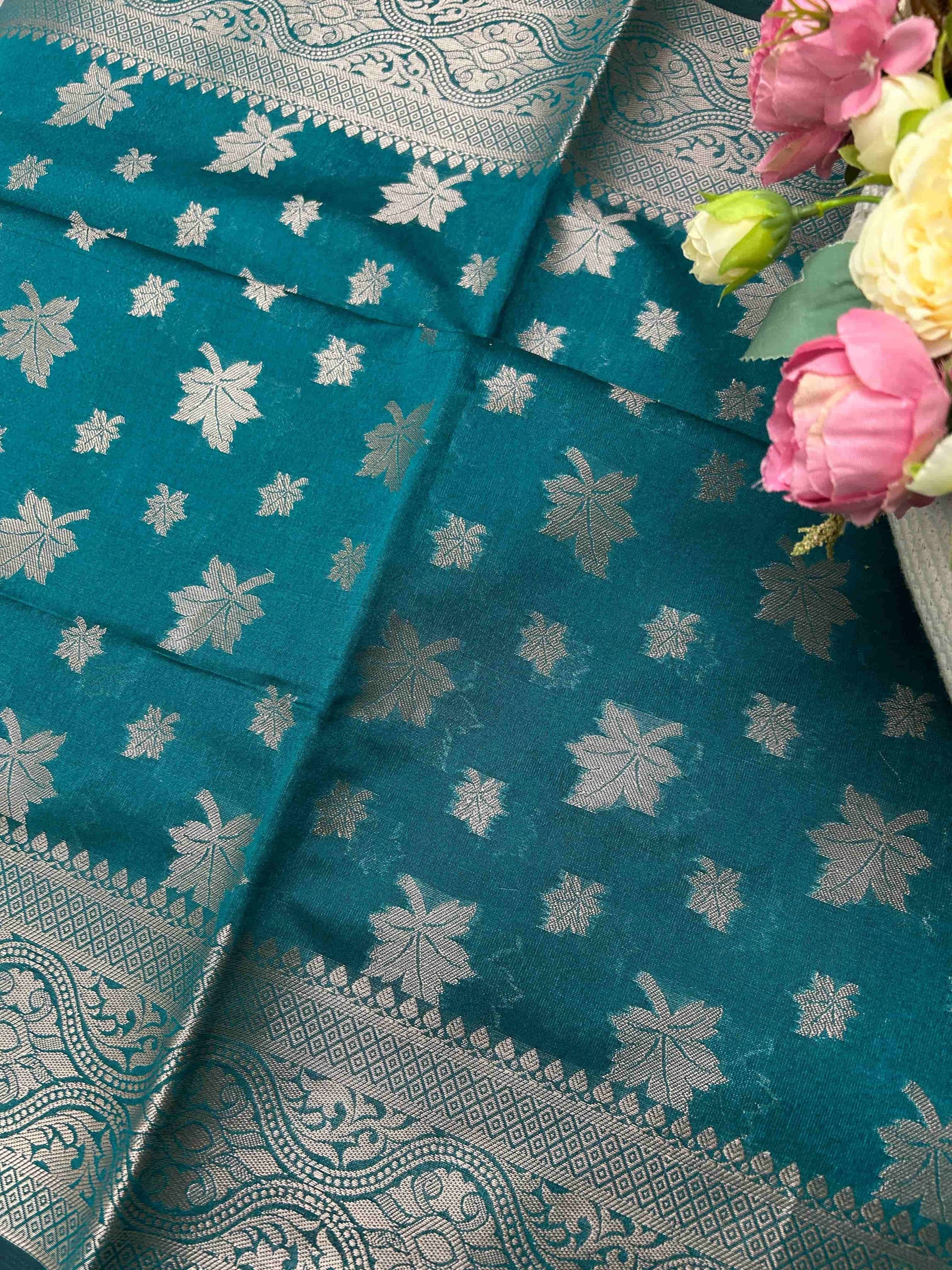 Green leaf motifs banarasi soft silk saree Niaura