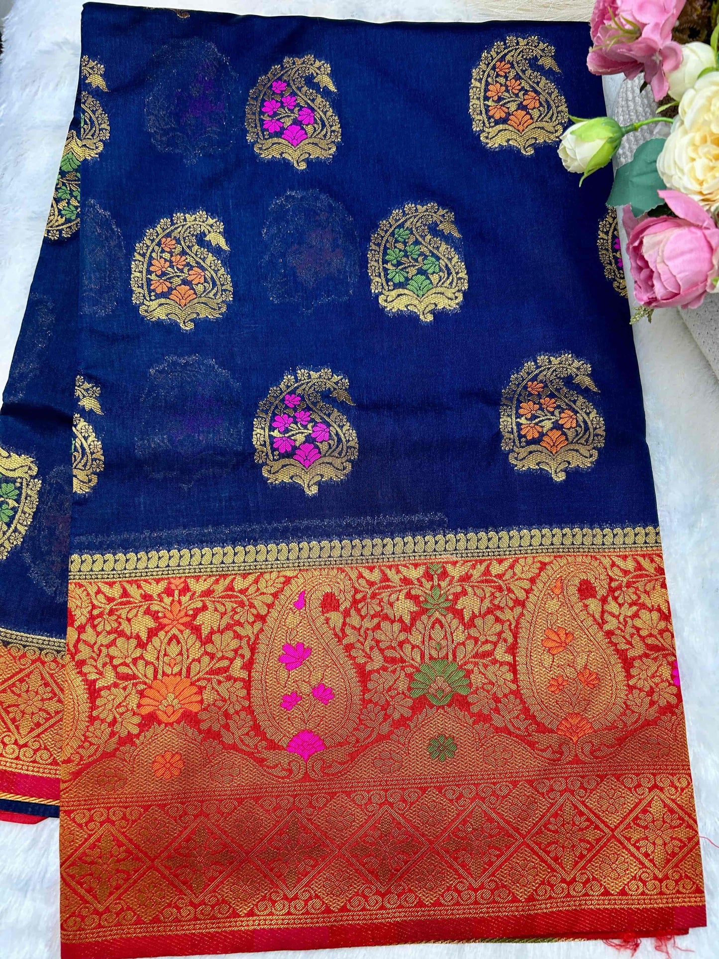 Navy blue with red boarder raw mango banarasi silk saree Niaura