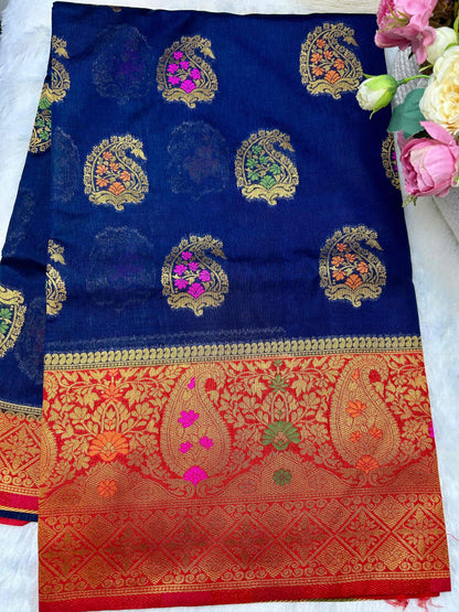 Navy blue with red boarder raw mango banarasi silk saree Niaura