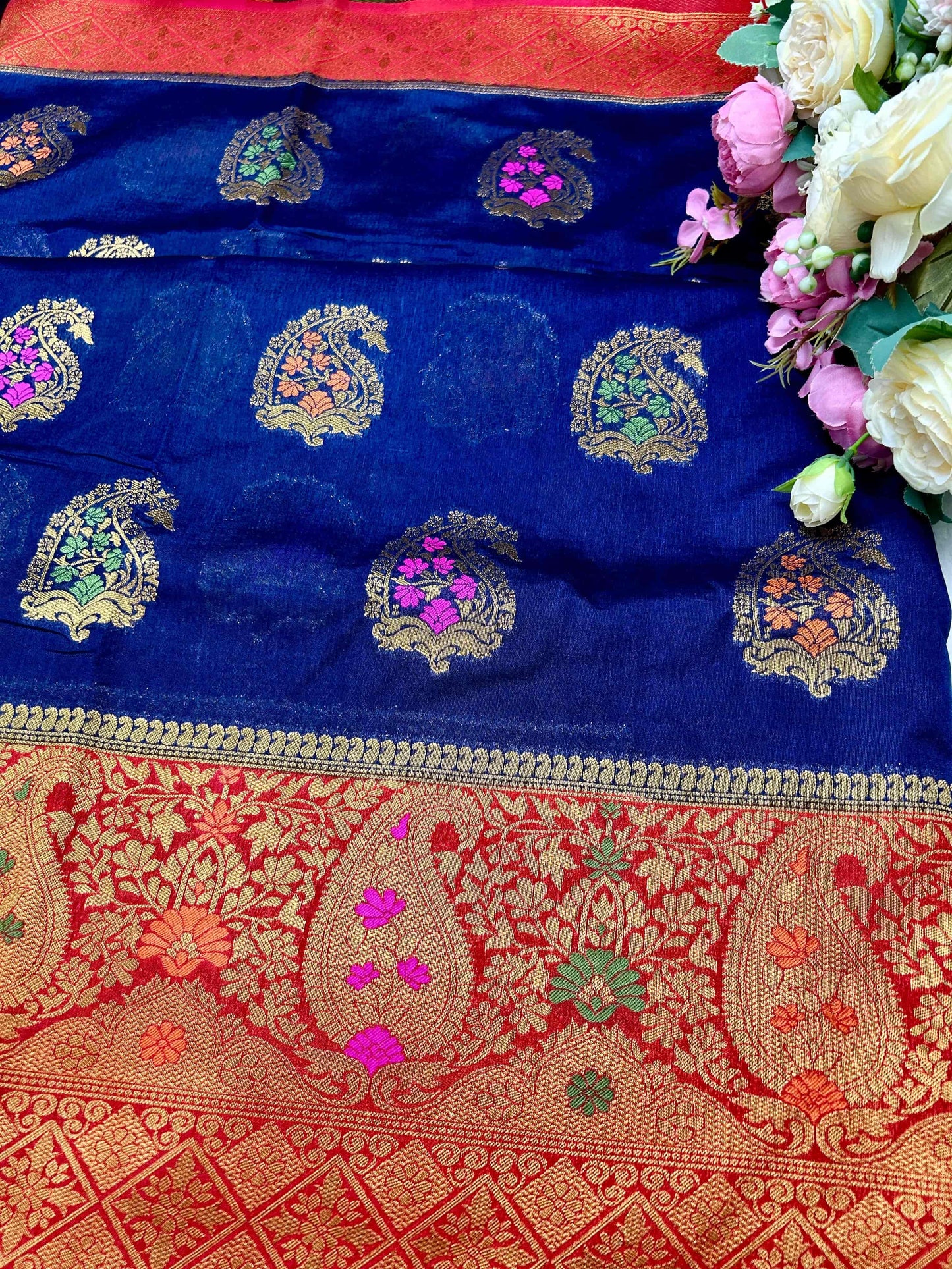 Navy blue with red boarder raw mango banarasi silk saree Niaura