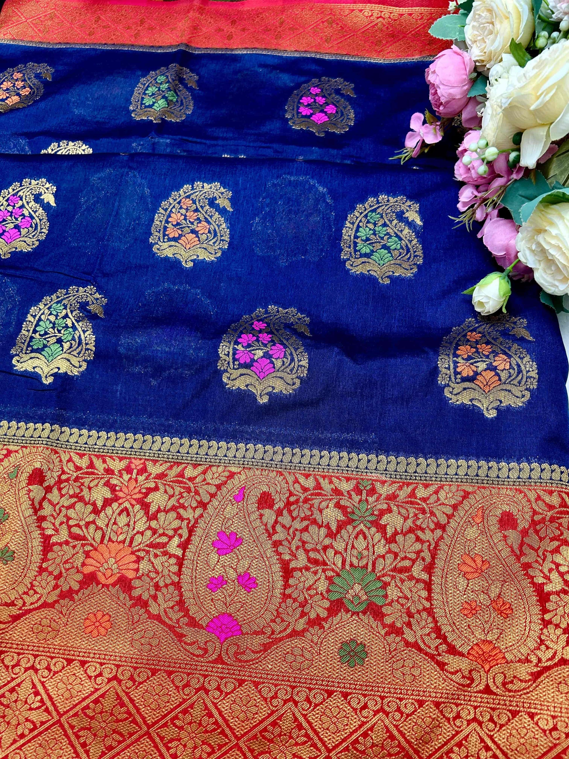 Navy blue with red boarder raw mango banarasi silk saree Niaura