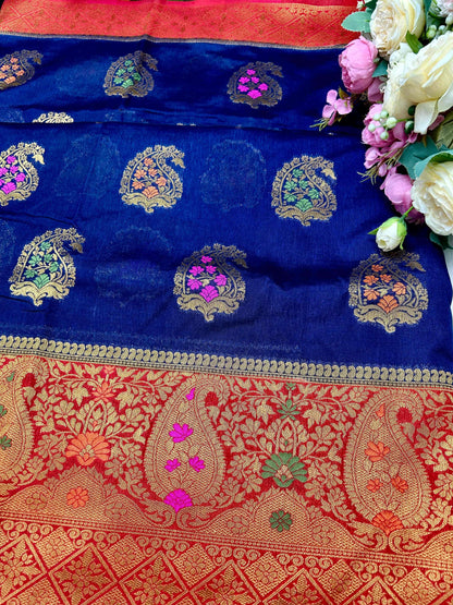 Navy blue with red boarder raw mango banarasi silk saree Niaura
