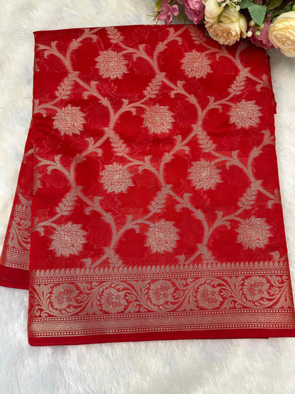 Red jaal design banarasi soft silk saree Niaura