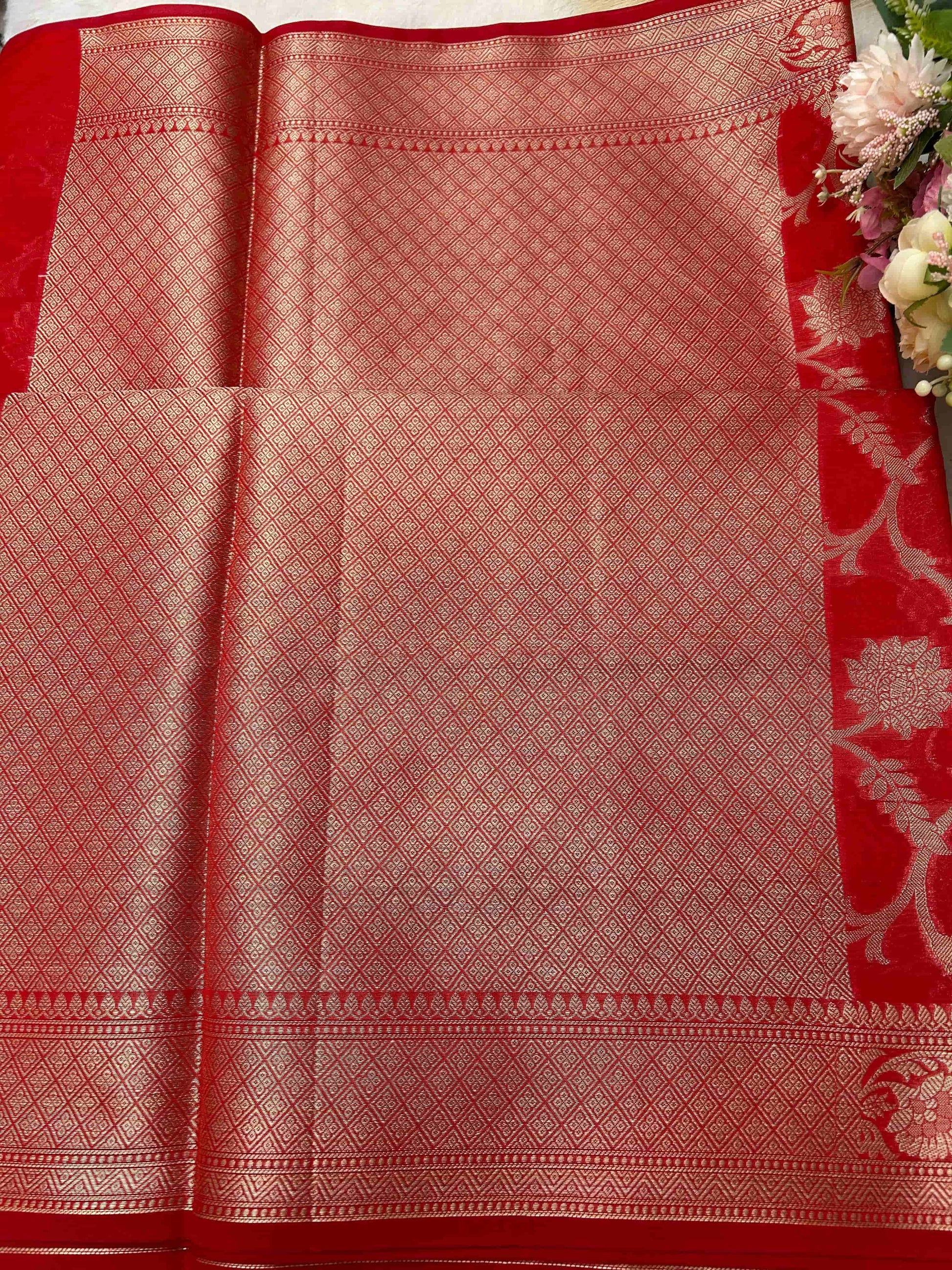 Red jaal design banarasi soft silk saree Niaura