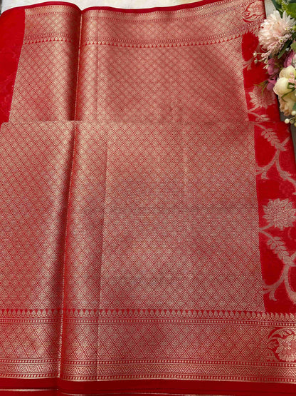 Red jaal design banarasi soft silk saree Niaura