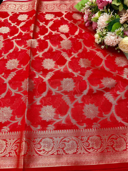 Red jaal design banarasi soft silk saree Niaura