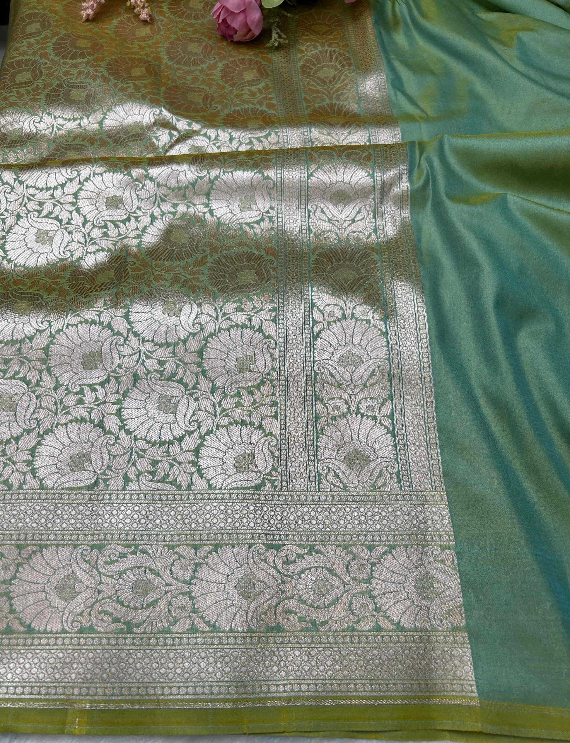 Green strips katan banarasi silk saree Niaura