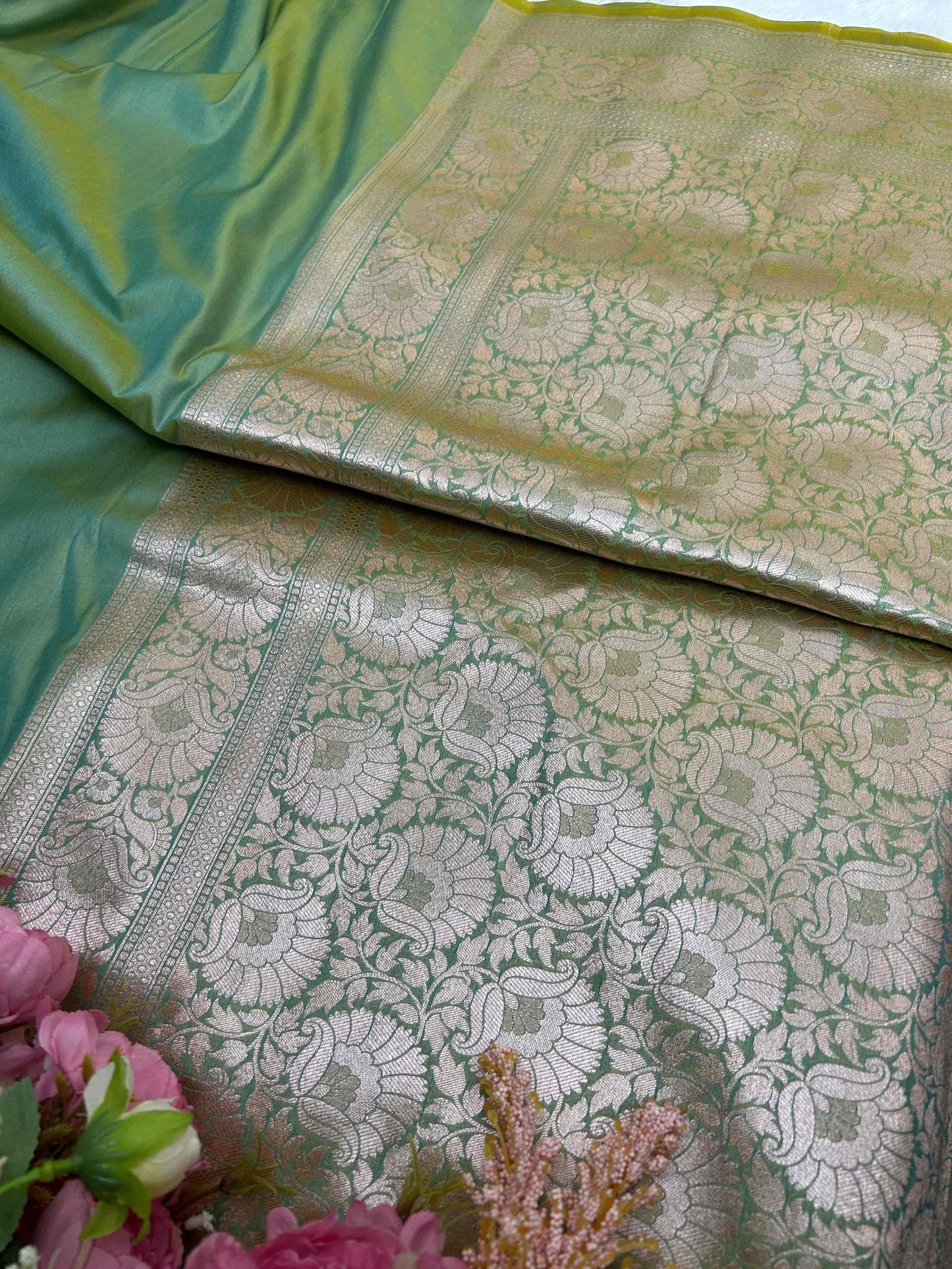 Green strips katan banarasi silk saree Niaura