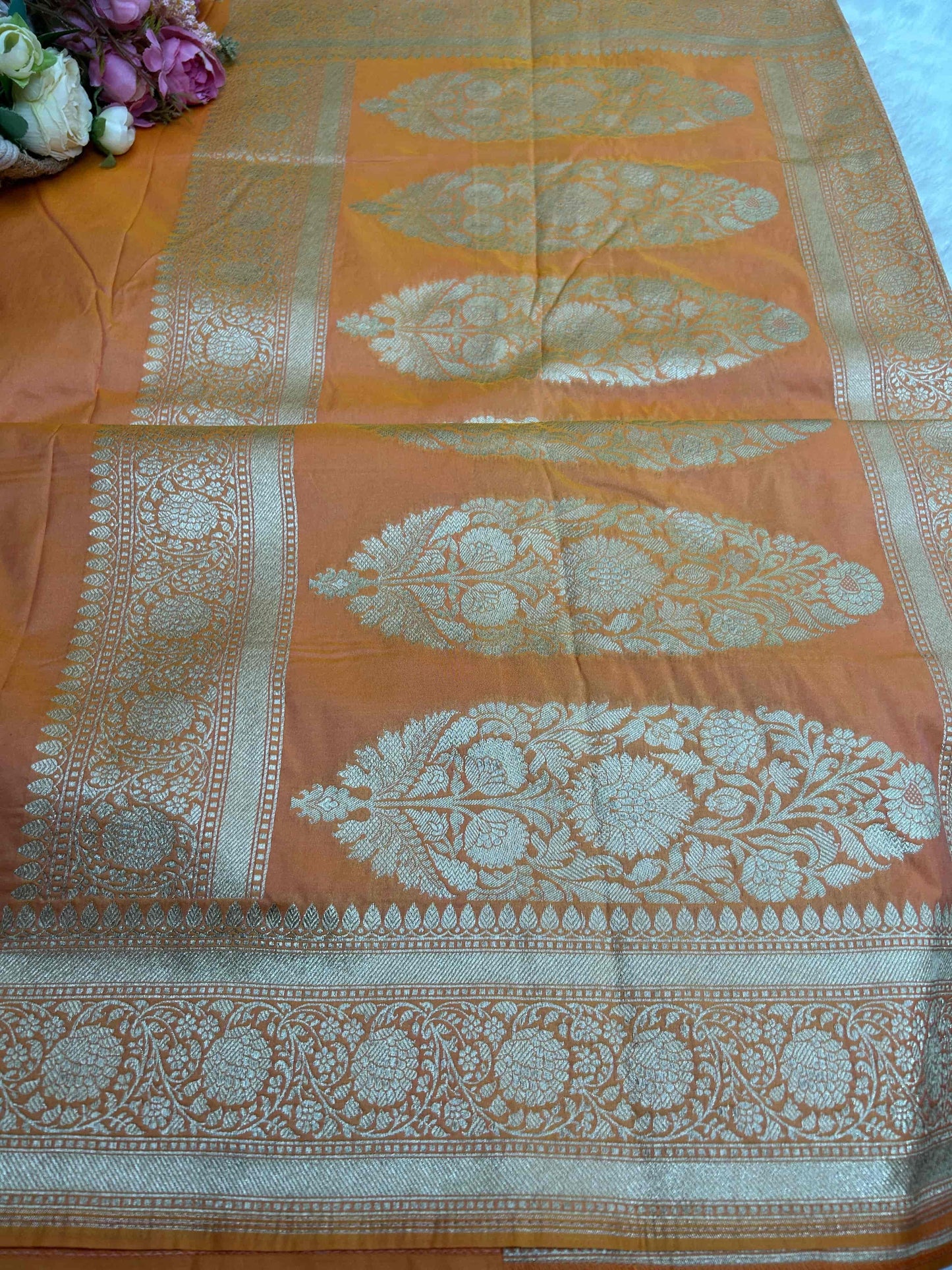 Orange-peach katan banarasi silk saree Niaura