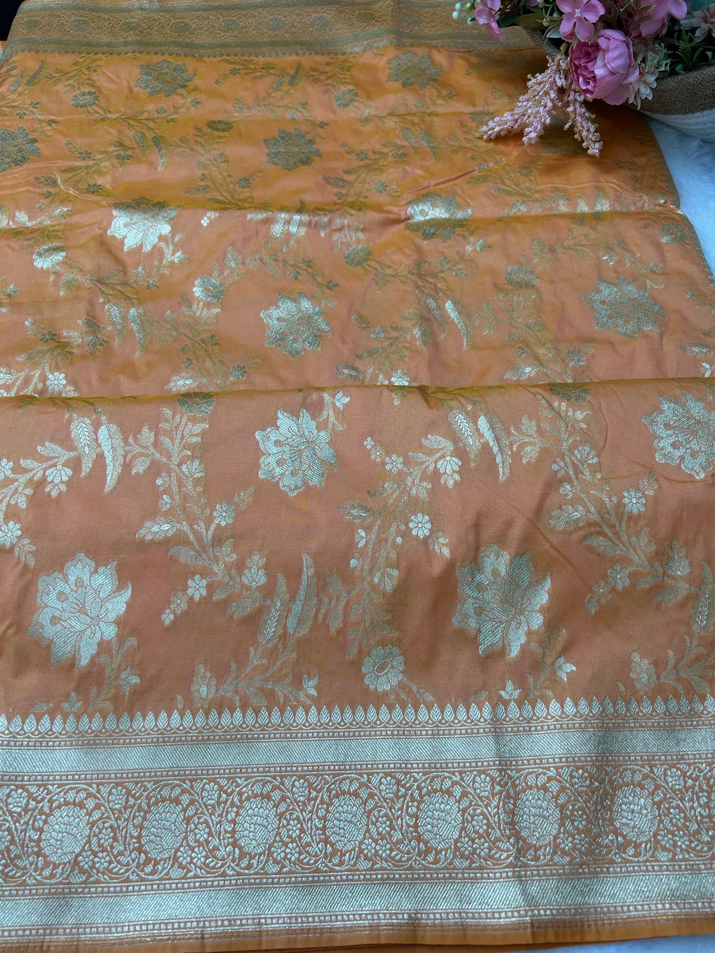 Orange-peach katan banarasi silk saree Niaura
