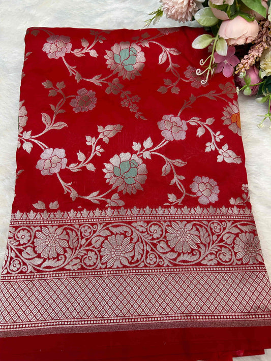 Red meenakari design katan banarasi silk saree Niaura