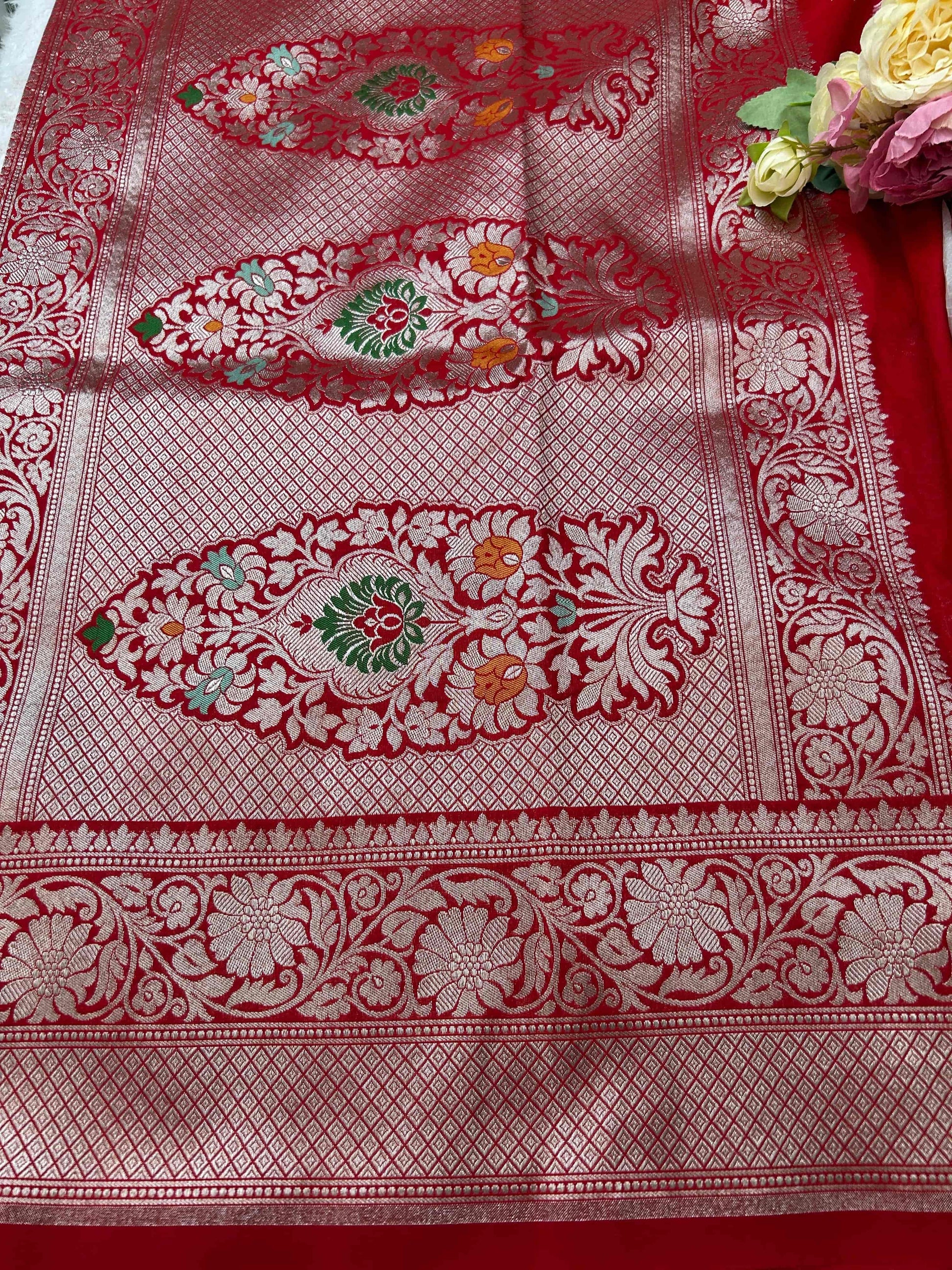 Red meenakari design katan banarasi silk saree Niaura