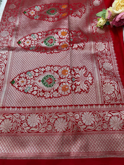 Red meenakari design katan banarasi silk saree Niaura