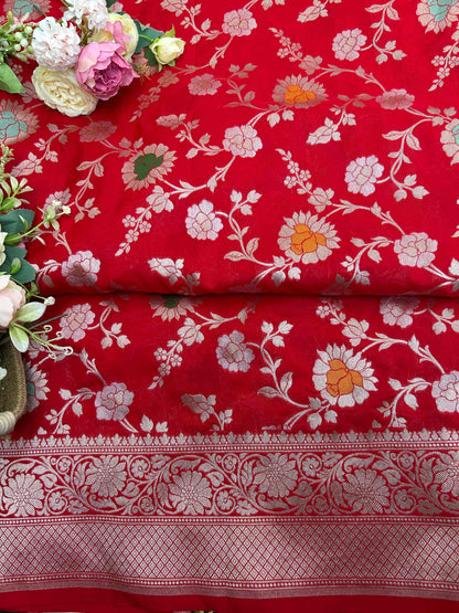 Red meenakari design katan banarasi silk saree Niaura