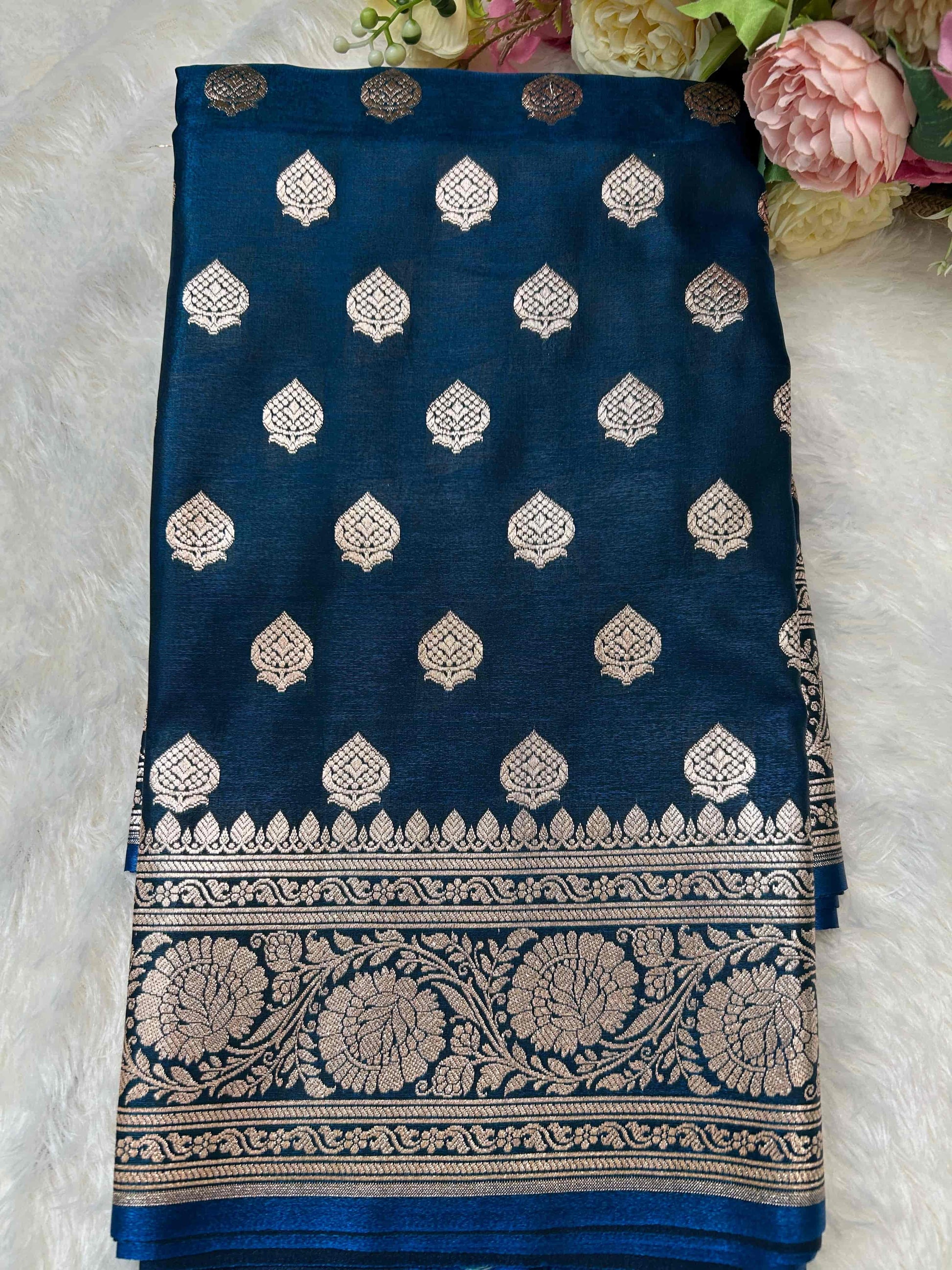 Blue satin banarasi silk saree Niaura