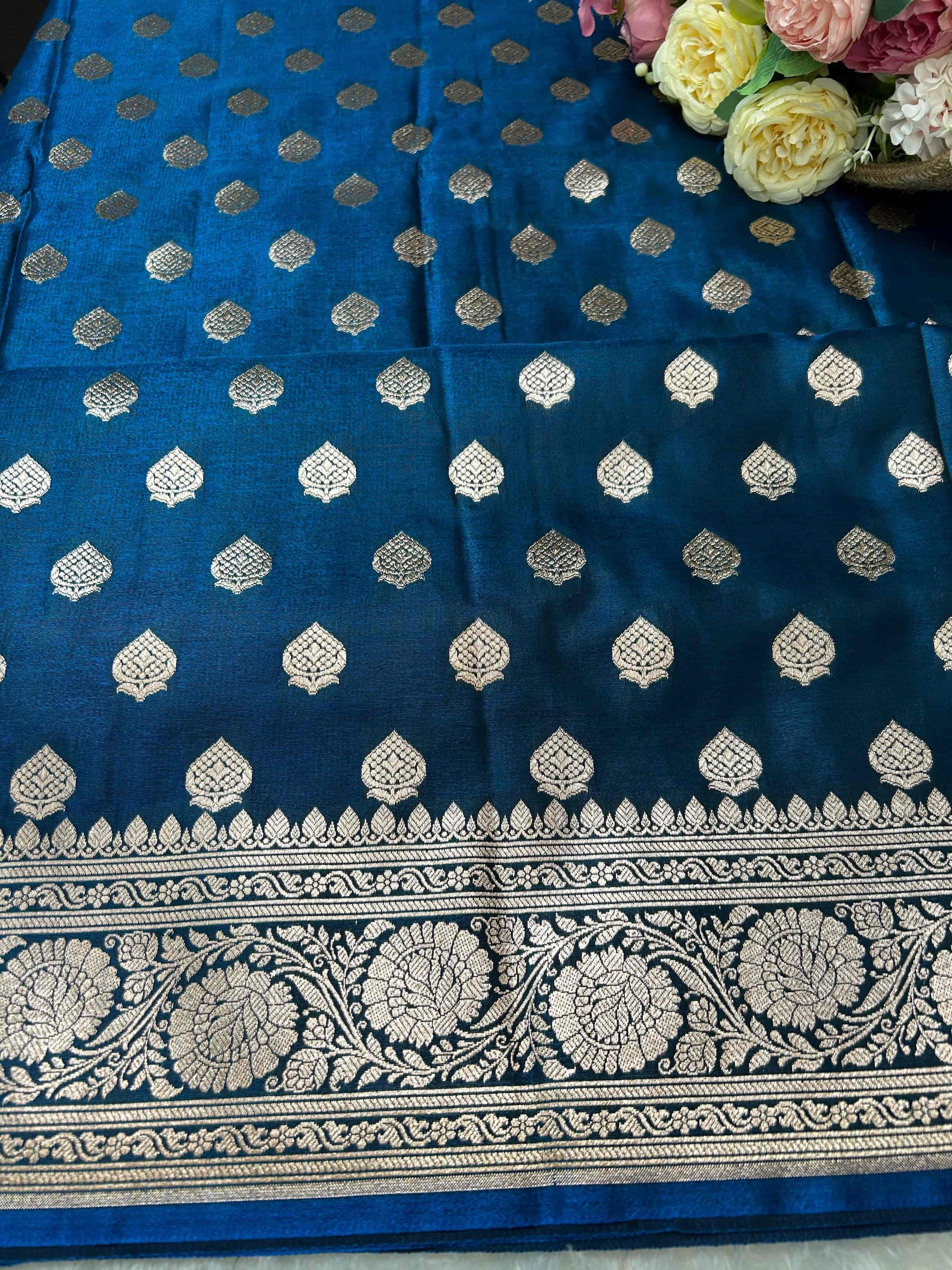 Blue satin banarasi silk saree Niaura