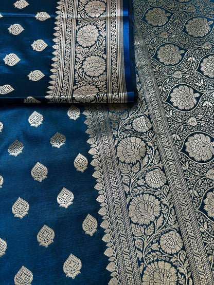 Blue satin banarasi silk saree Niaura