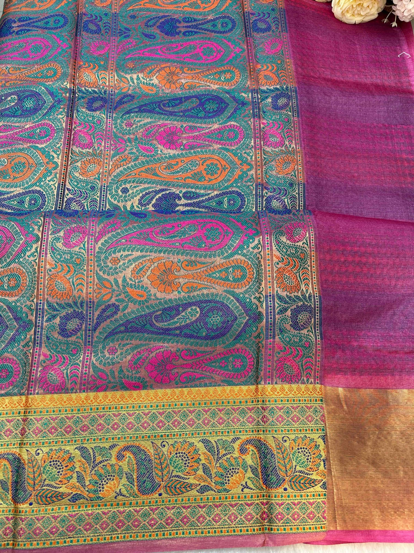 Pink with multicolour pure tusser banarasi silk saree Niaura