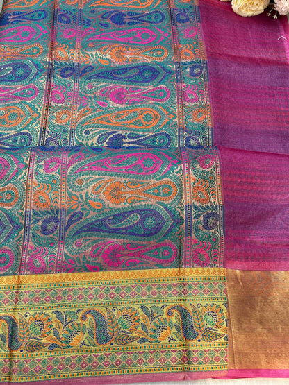 Pink with multicolour pure tusser banarasi silk saree Niaura