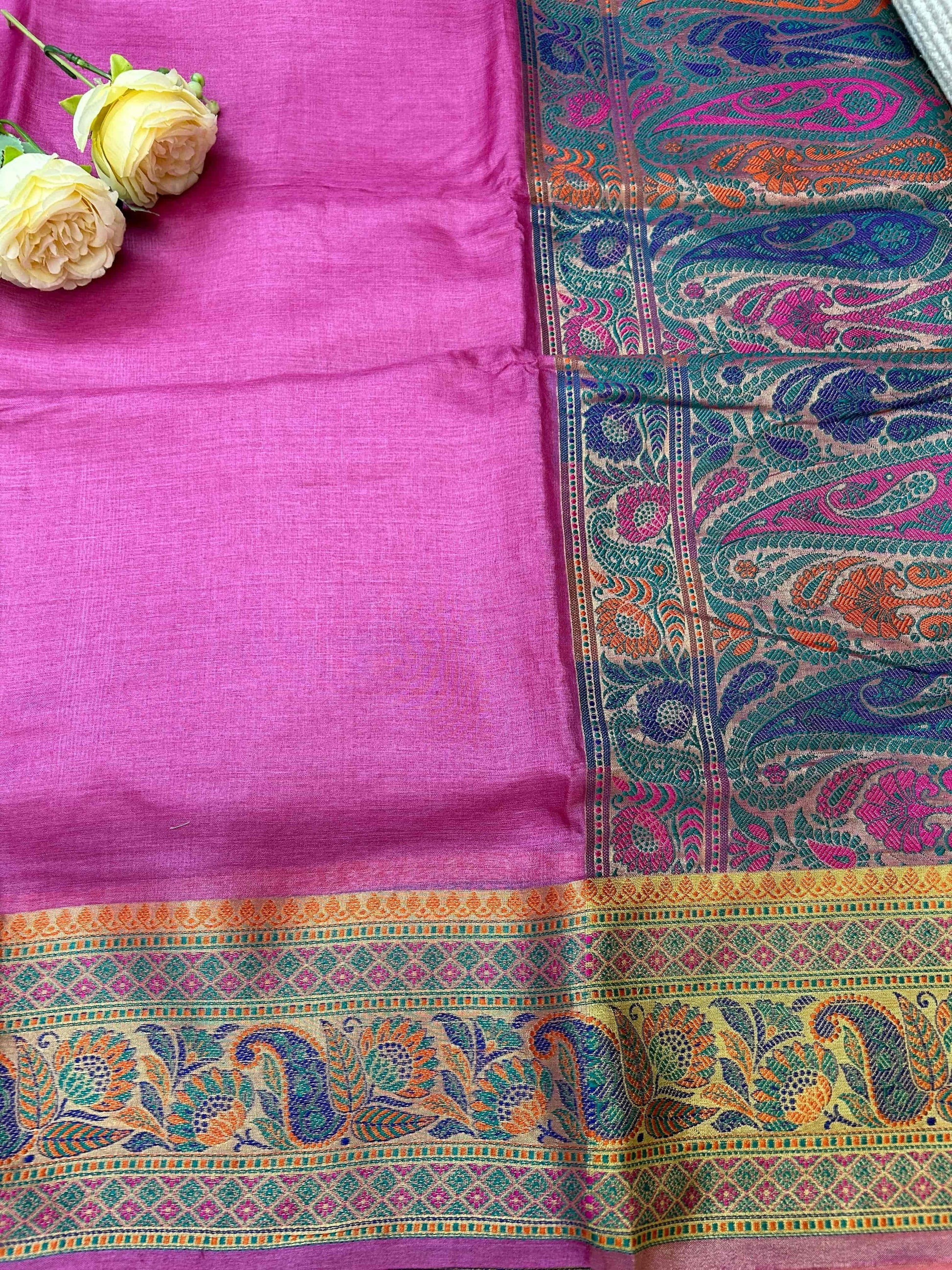 Pink with multicolour pure tusser banarasi silk saree Niaura