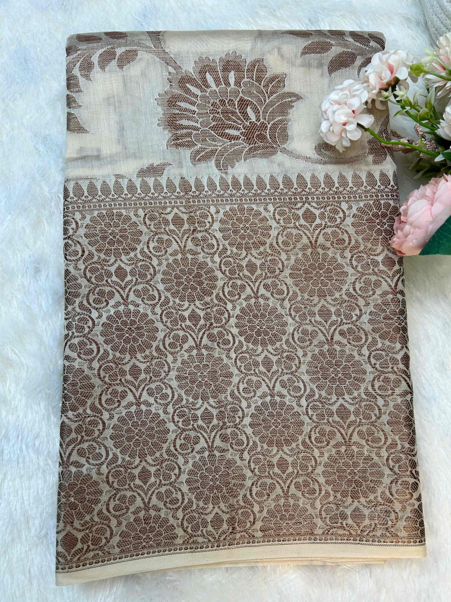 Cream and copper jaal pure banarasi silk saree Niaura