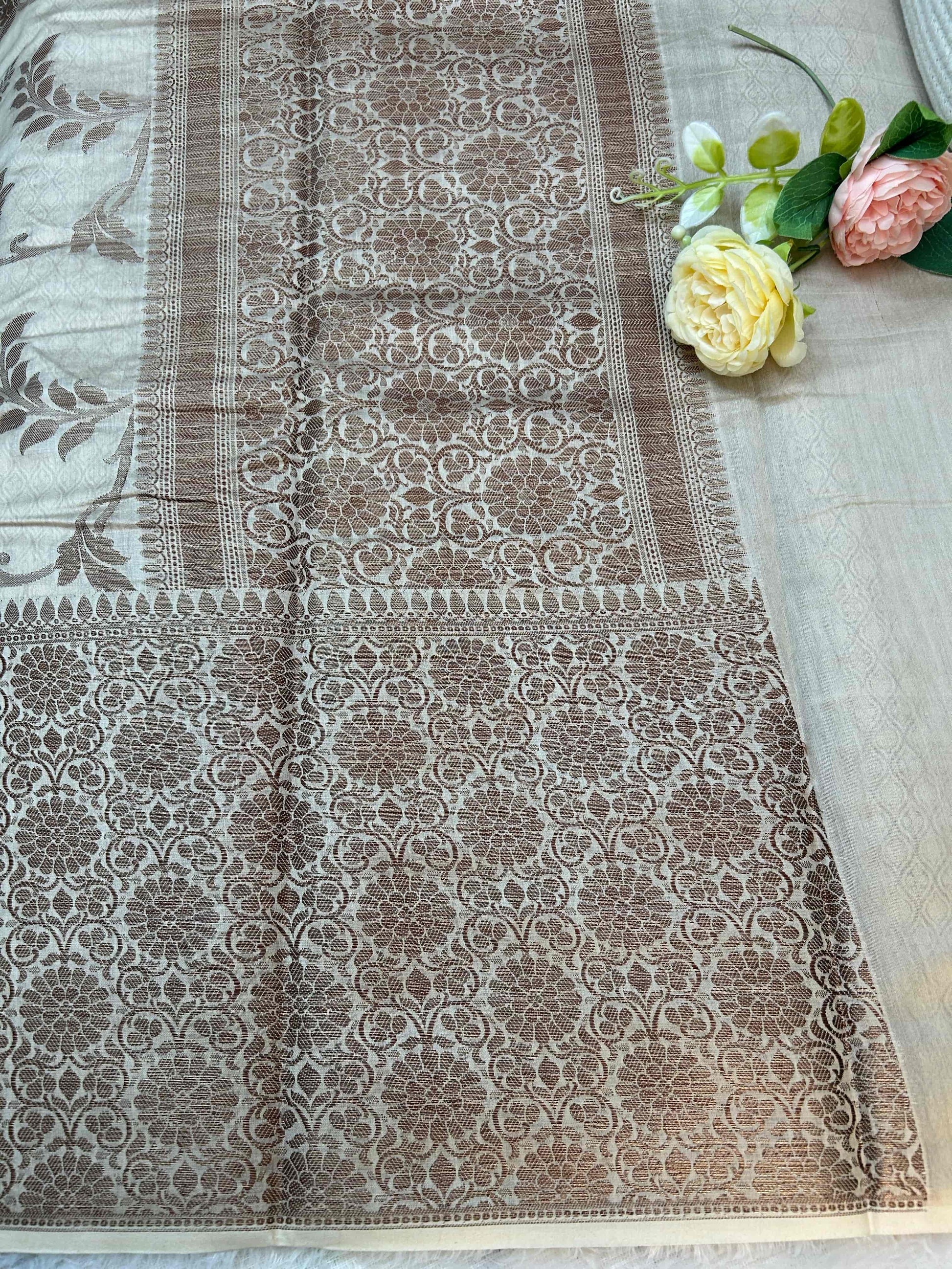 Cream and copper jaal pure banarasi silk saree Niaura