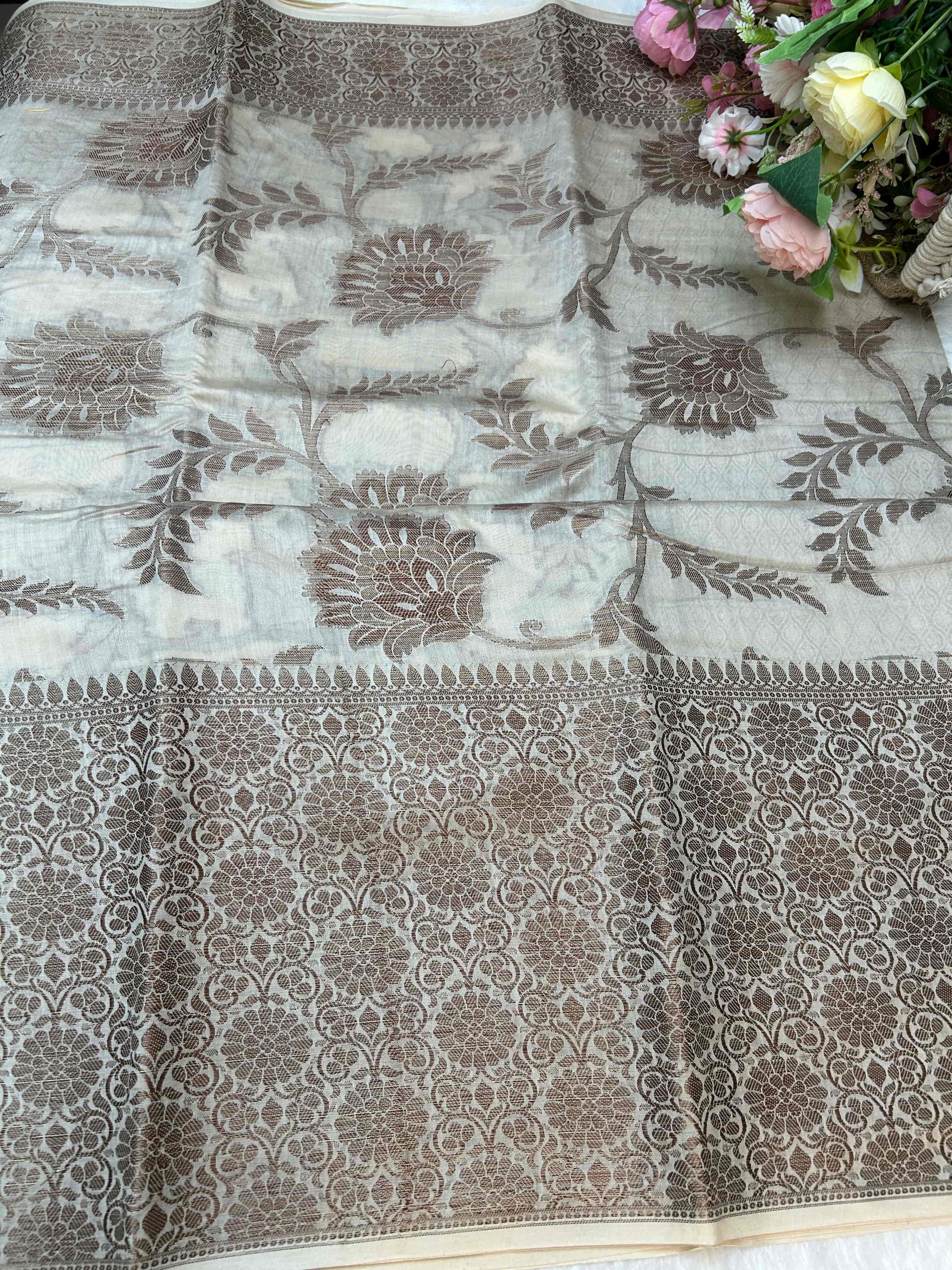 Cream and copper jaal pure banarasi silk saree Niaura