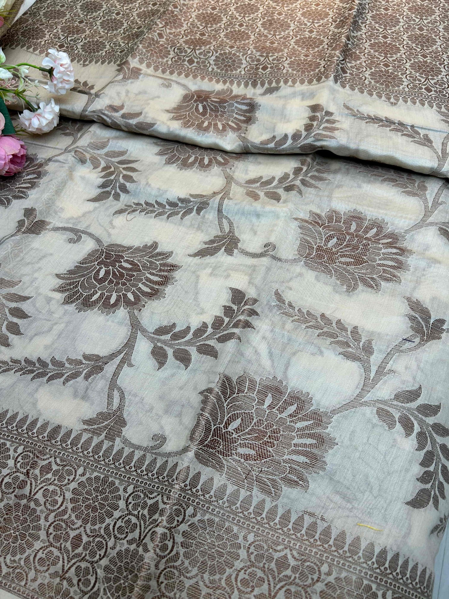 Cream and copper jaal pure banarasi silk saree Niaura