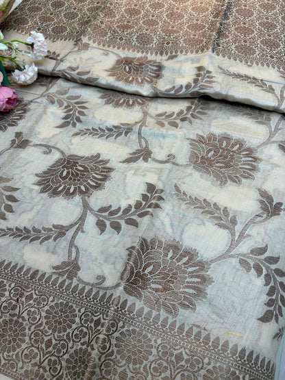 Cream and copper jaal pure banarasi silk saree Niaura