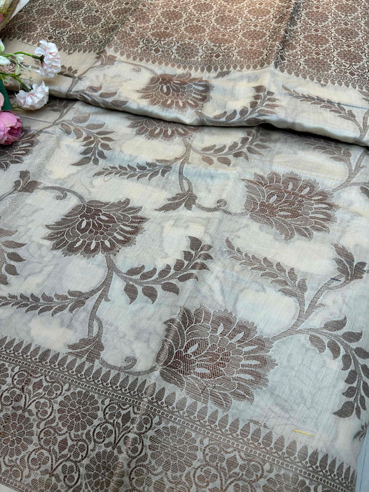 Cream and copper jaal pure banarasi silk saree Niaura