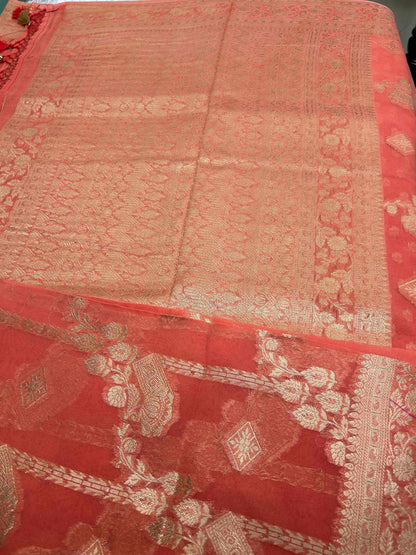 Peach pure georgette banrasi silk saree Niaura