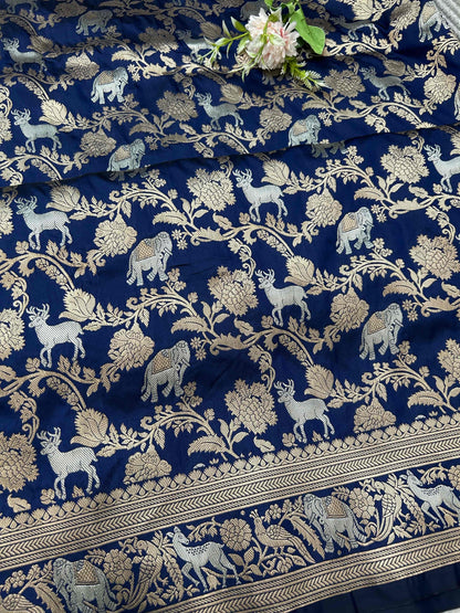 Blue animal design katan banarasi silk saree Niaura