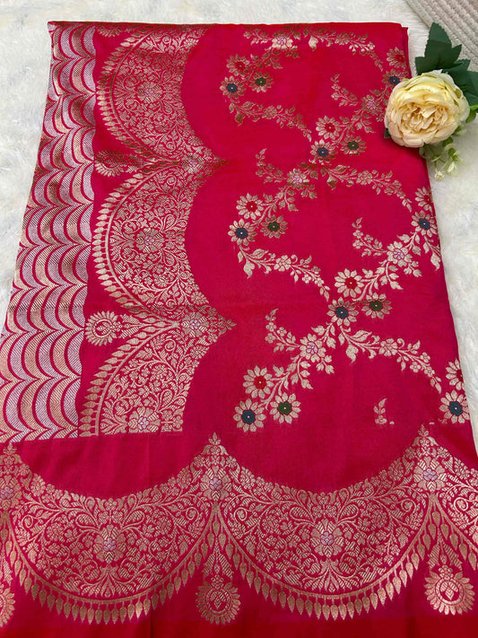 Pink scallop boarder meenakari katan banarasi silk saree Niaura