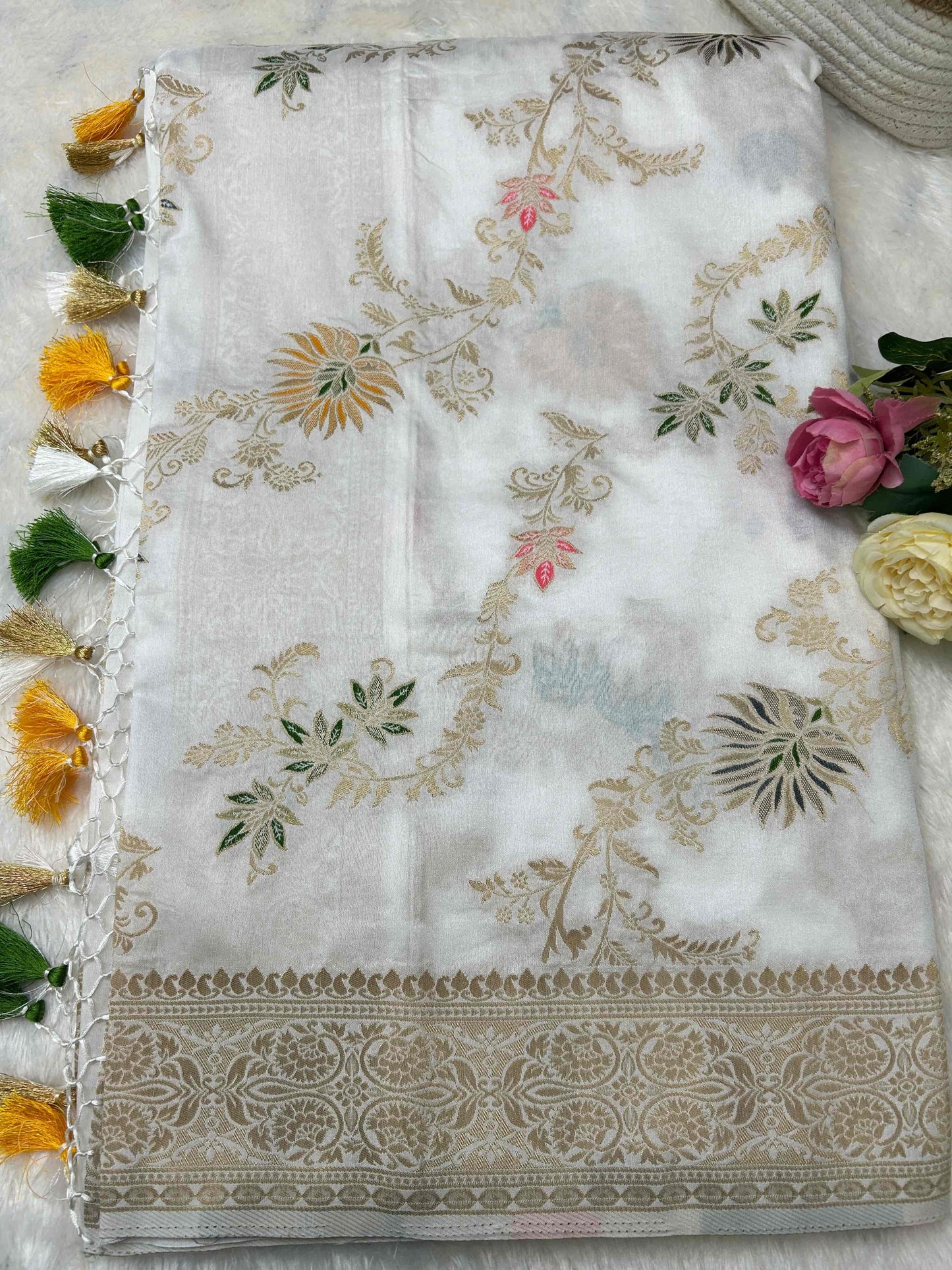 White meenakari designer soft banarasi silk saree Niaura