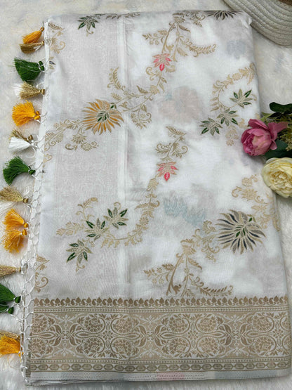 White meenakari designer soft banarasi silk saree Niaura