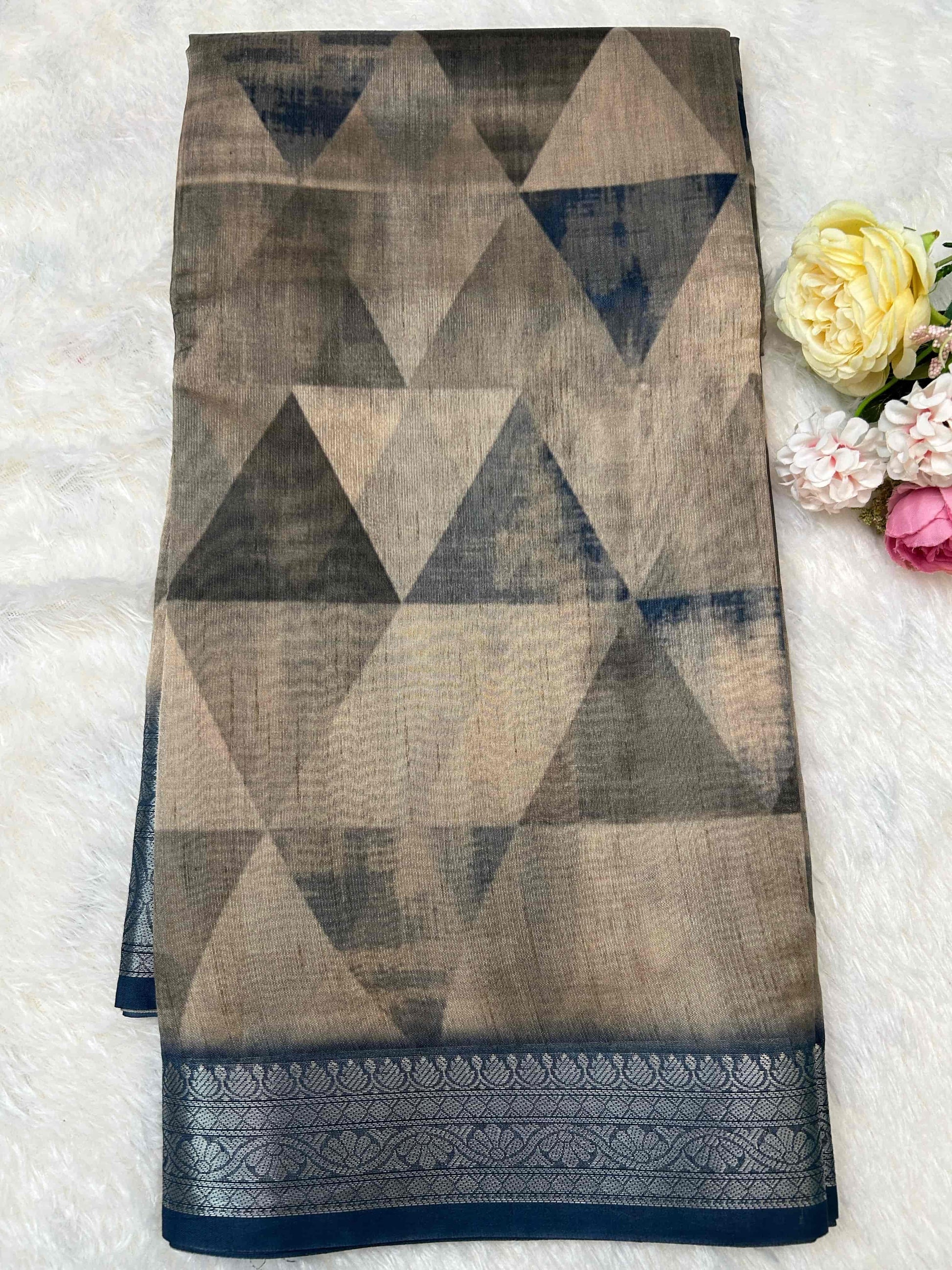 Blue and beige digital print pure tusser banarasi silk saree Niaura
