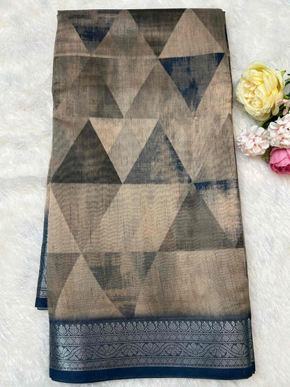 Blue and beige digital print pure tusser banarasi silk saree Niaura