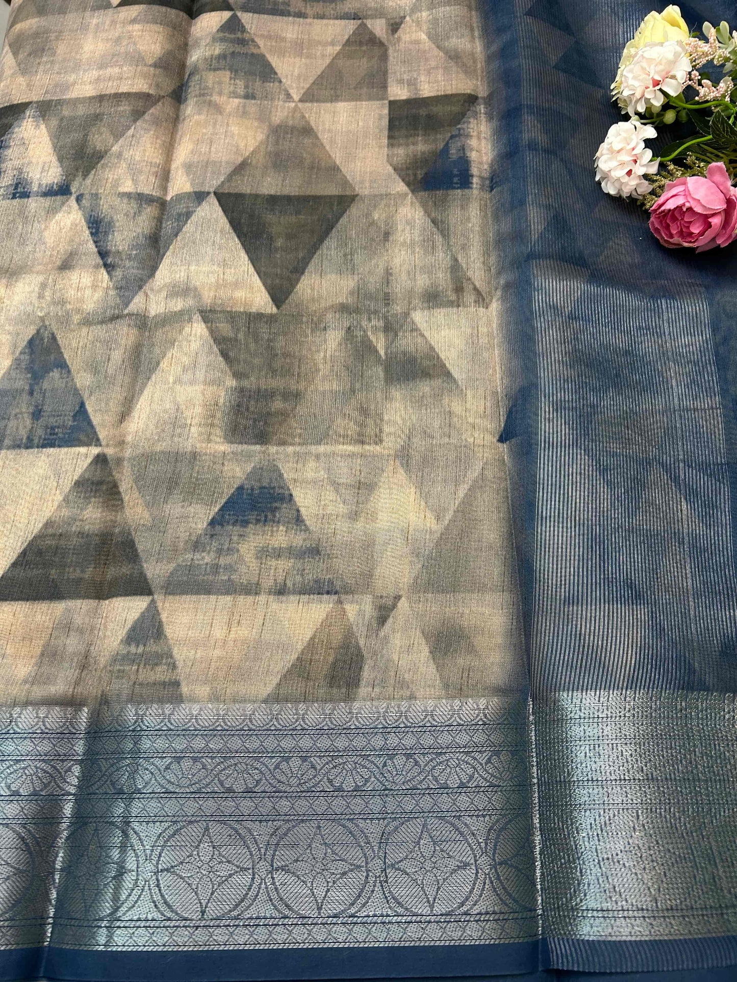 Blue and beige digital print pure tusser banarasi silk saree Niaura
