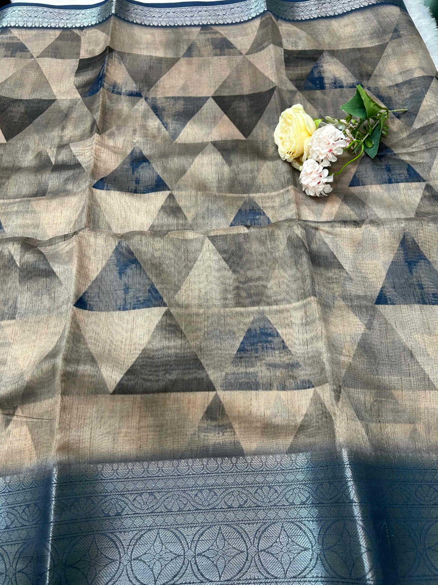 Blue and beige digital print pure tusser banarasi silk saree Niaura