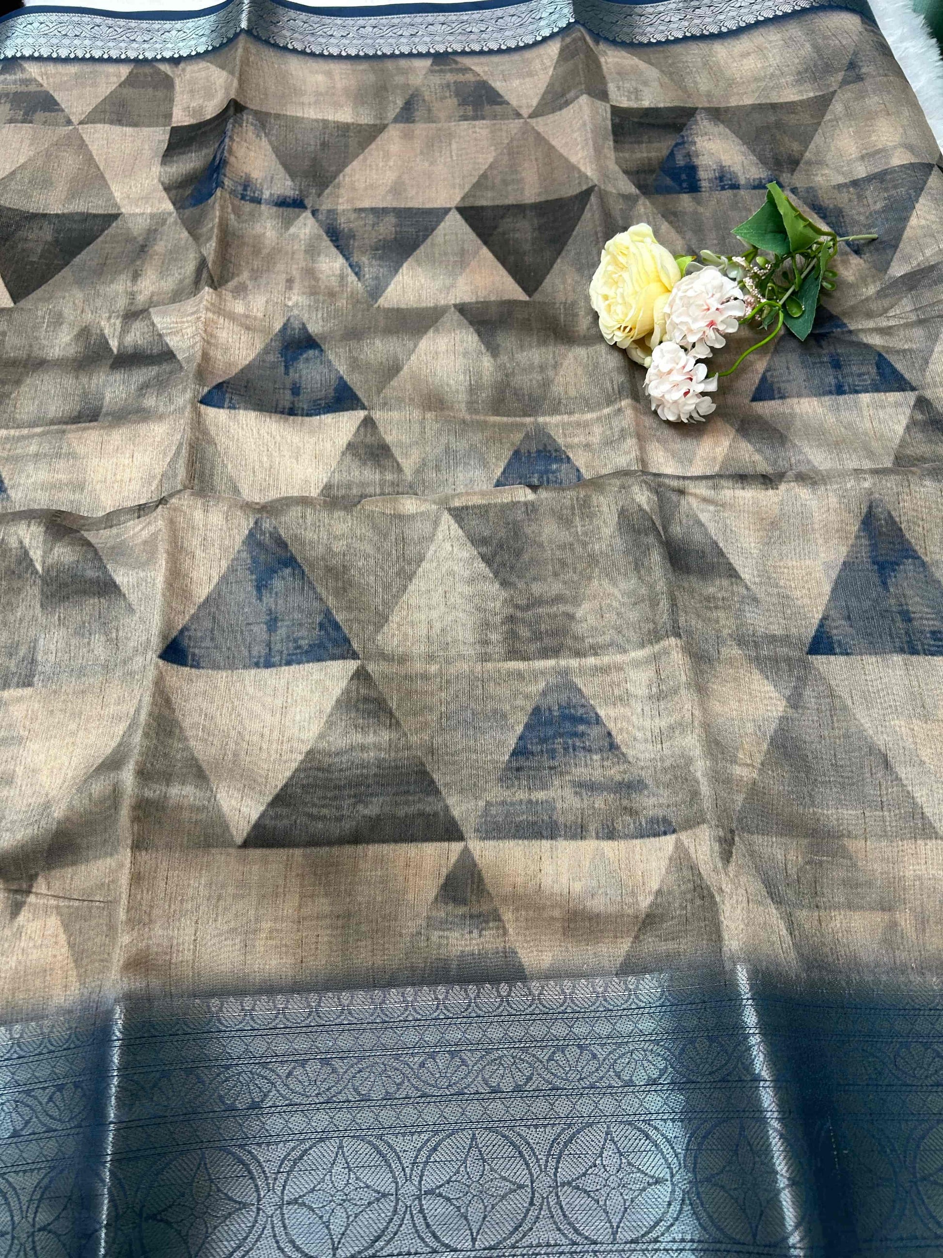 Blue and beige digital print pure tusser banarasi silk saree Niaura